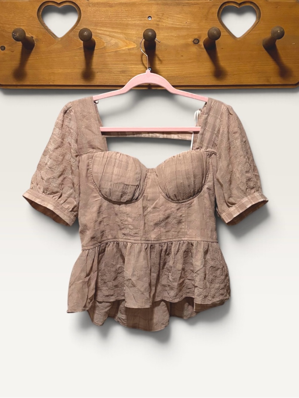 Haute Monde Peplum Top L Taupe Bustier Sweetheart Puff Sleeve Textured